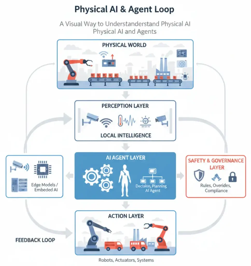 Infographic of Physical AI and Agent Loop showing perception, intelligence, and action layers.
