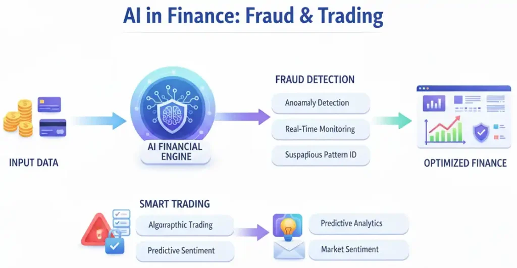 AI in finance fraud detection dashboard showing real-time transaction monitoring and trading analytics