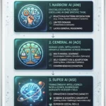 A clean, professional vertical diagram illustrating the three types of AI: Narrow AI (specialized tools), General AI (human-level reasoning), and Super AI (hypothetical intelligence surpassing humans).