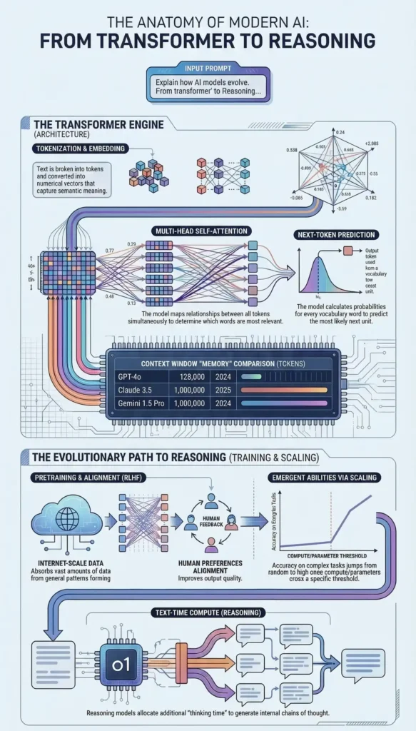 Diagram explaining how generative AI works behind ChatGPT showing prompt input, tokenization, neural network processing, prediction engine, and generated response.
