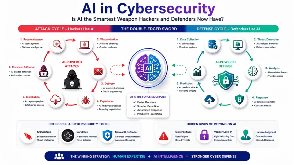 ai in cybersecurity showing hackers vs defenders using artificial intelligence tool