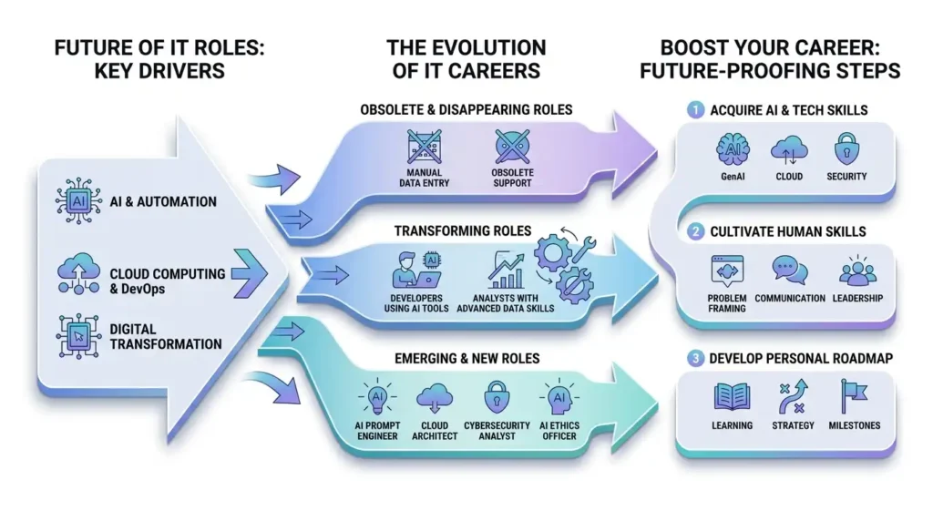 A diagram showing the future of IT roles evolving with AI and digital transformation